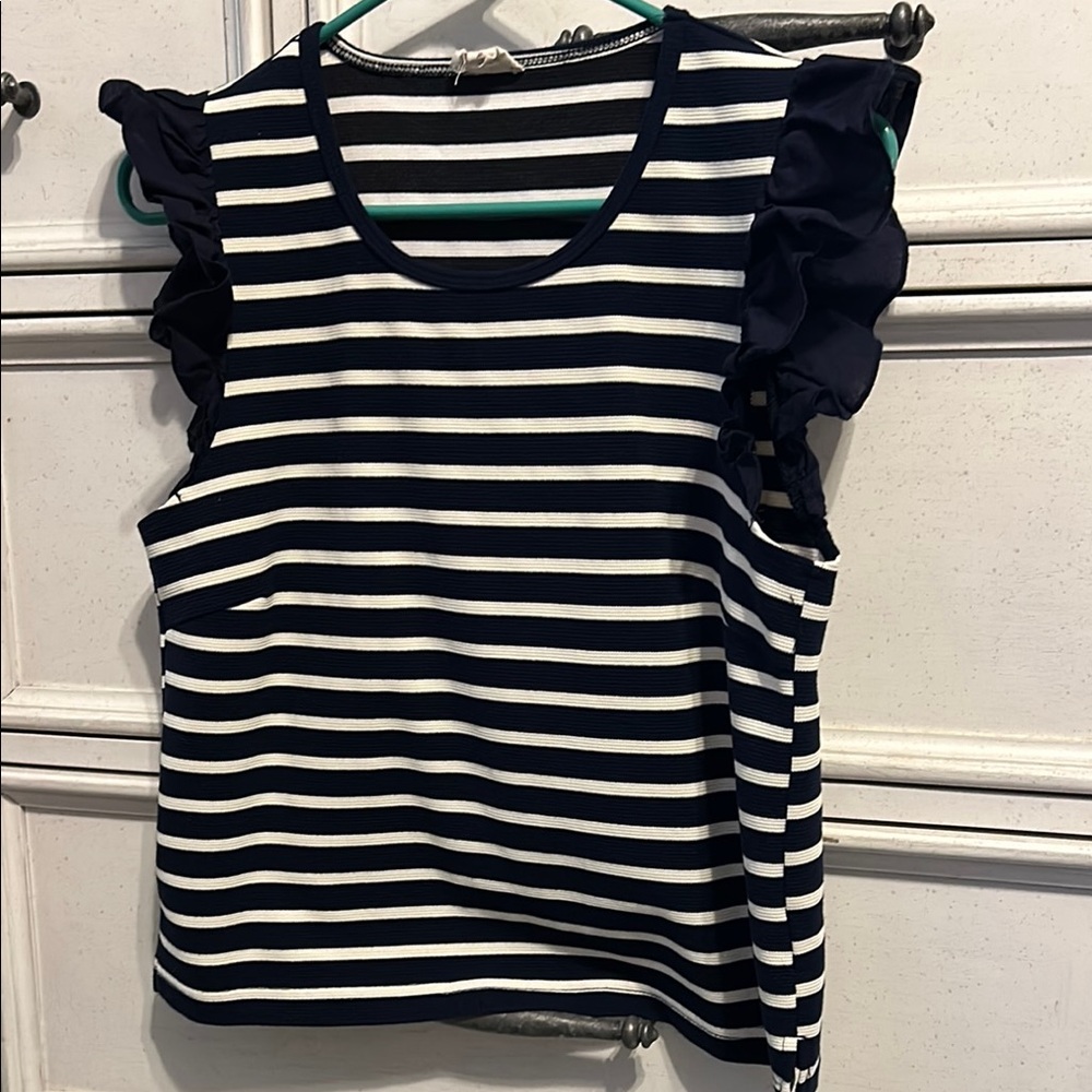 Navy Striped Ruffle Sleeve Top